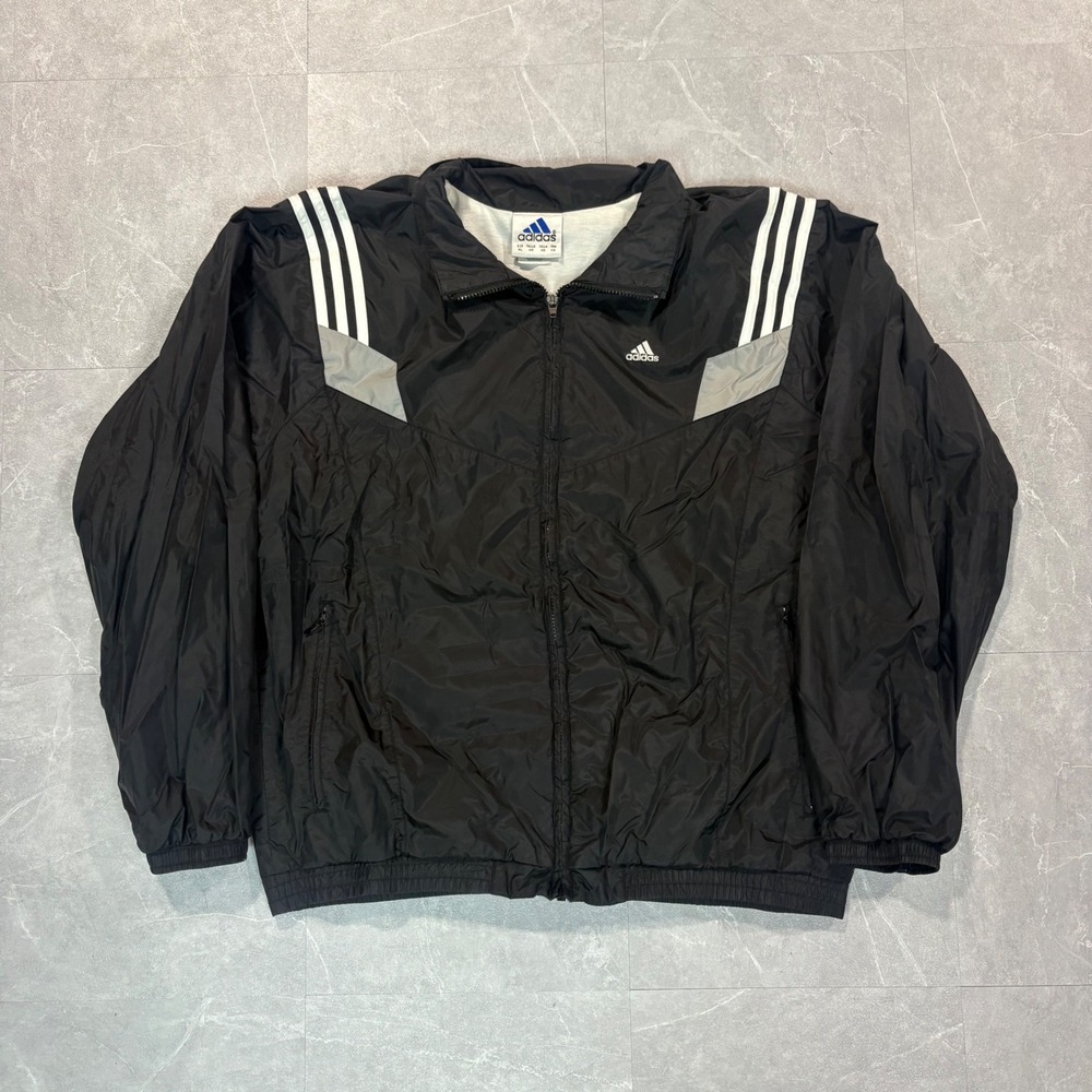Adidas Vintage Windbreaker Jacket Mens XL Black Full Zip 3 Stripe Track Coat